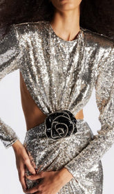 Maxikleid mit Pailletten und Cutouts in Metallic